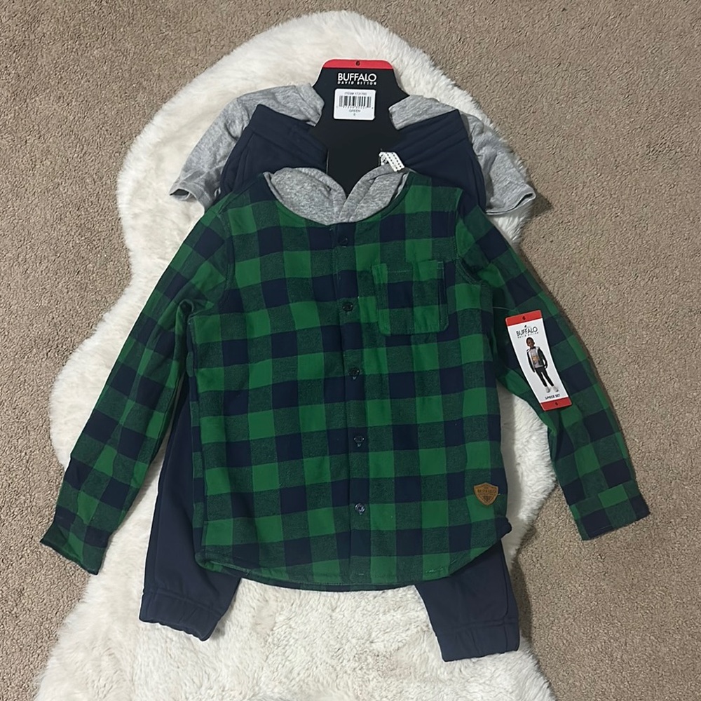 Buffalo Kids Green and Blue Plaid Shirt Jacket, tee and Jogger Pants size 6